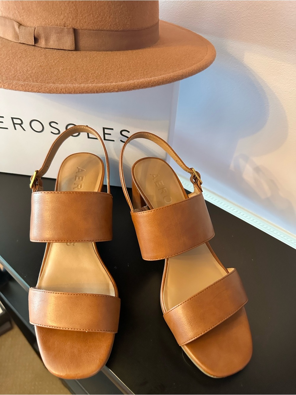 AEROSOLES Cognac Brown Double-Band Slingback Sandals vegan